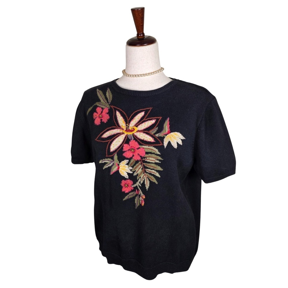Vintage Alfred Dunner Short Sleeve Granny Sweater Spring Floral Beaded 90s SMALL
